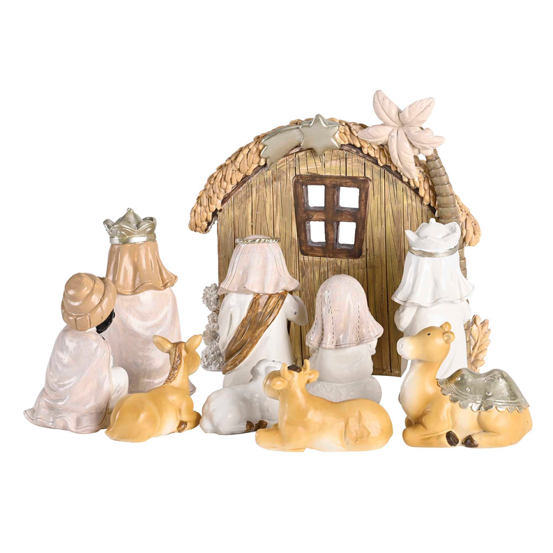 Nativity figurine set with wooden stable and scattered animals in cream and brown