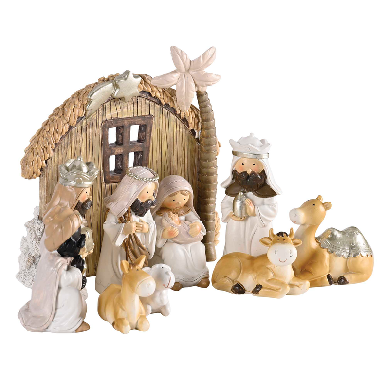 Nativity figurine set: arched wooden stable with three wise men and farm animals