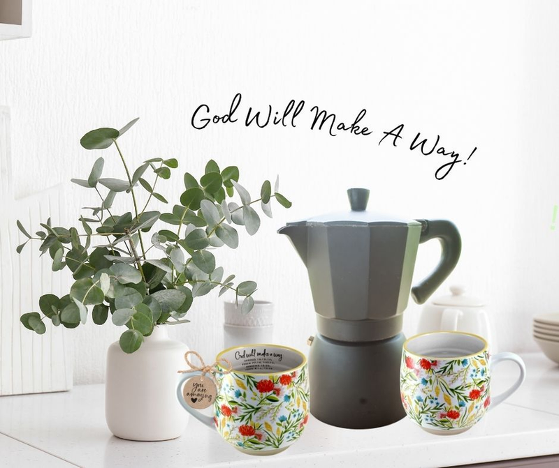 Floral coffee mugs, white ceramic, with printed "God Will Make a Way!"