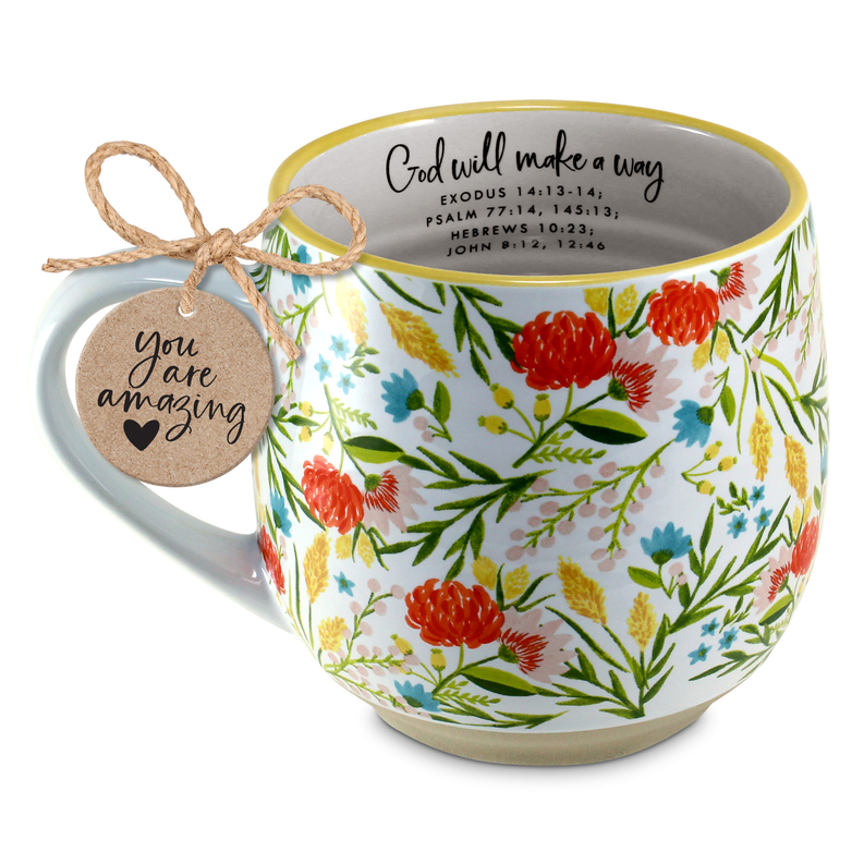 Floral coffee mug with "God will make a way" text, yellow rim, gift tag