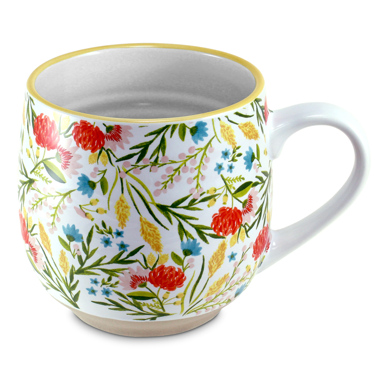Floral ceramic coffee mug with multicolor blooms and curved handle