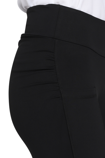 Black bootie tights close-up of waistband seam and side pocket