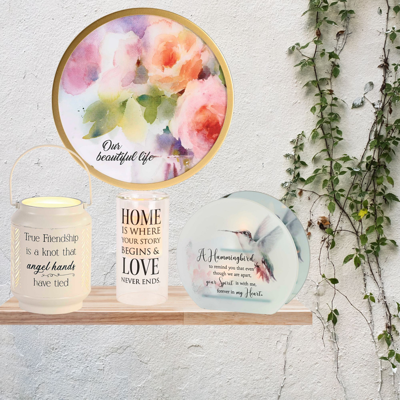 Circular framed wall art with gold border, watercolor florals and "Our beautiful life" text.