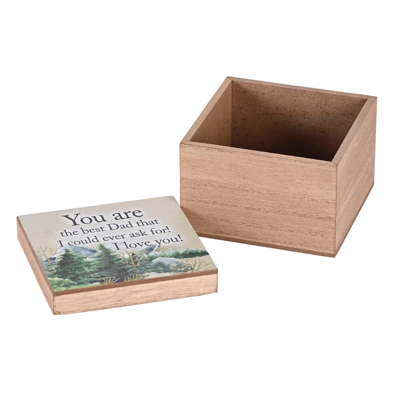 Wood keepsake box with open top and matching lid, printed dad message