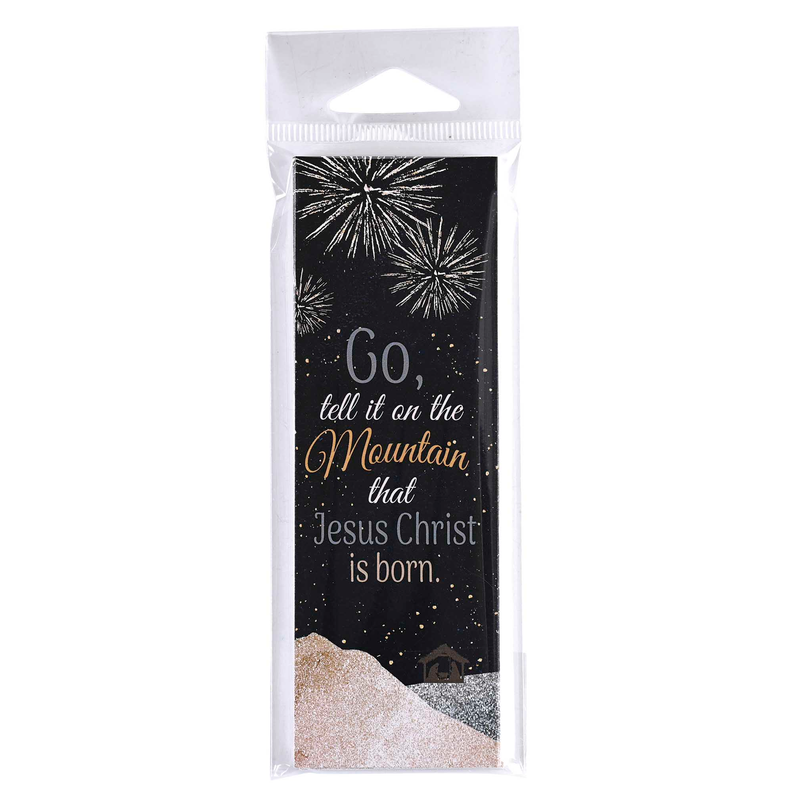 Packaged bookmark set, black night scene with gold fireworks and 'Jesus Christ is born'