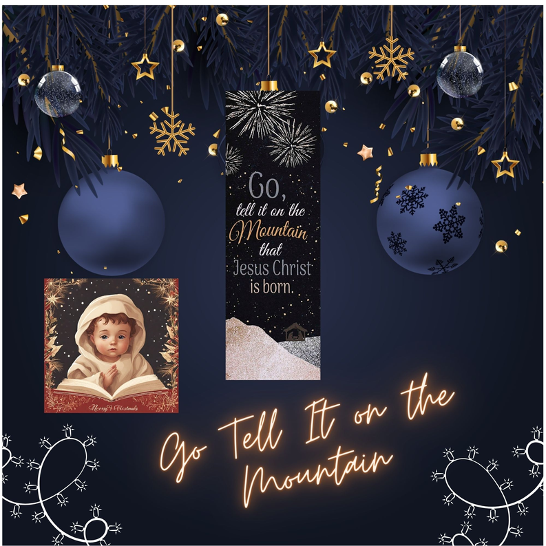 Bookmark centered on dark holiday graphic, with gold fireworks and 'Jesus Christ is born'