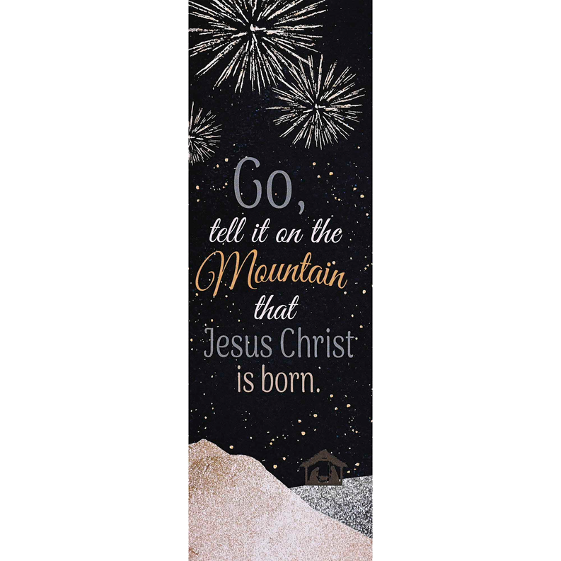 Bookmark with dark sky fireworks and message: 'Go, tell it on the Mountain... Jesus Christ is born'