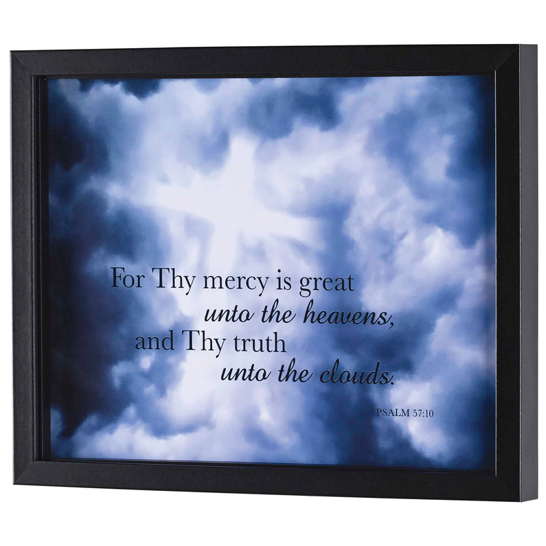 Framed wall art with blue cloud sky and quote text, Psalm 57:10, black frame