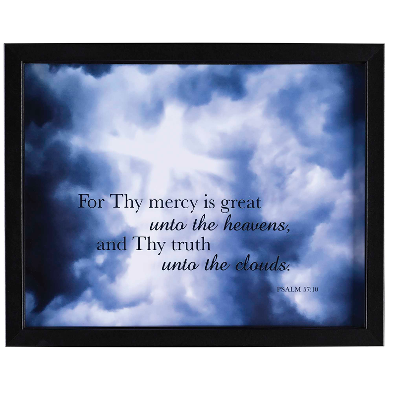 Framed wall art with blue cloud sky, central quote text and Psalm 57:10, black frame