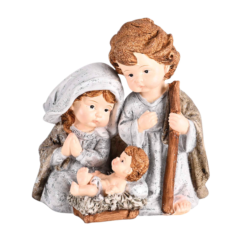 Front view nativity holy family figurine: Mary holding baby, Joseph holding staff, blue-gray