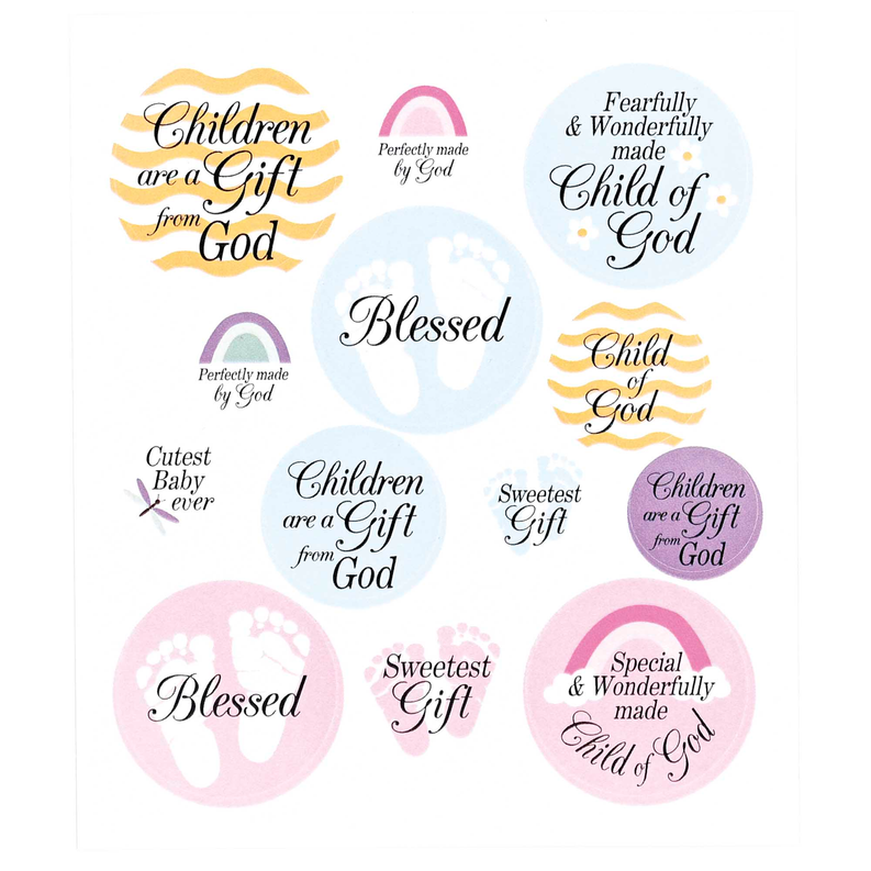 Assorted baby religious stickers with round pastel designs and Bible verses
