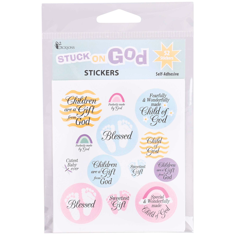 Pack of self-adhesive baby religious stickers, 52 assorted round designs in bag