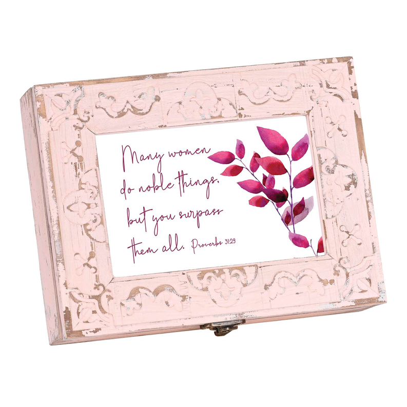 Vintage pink music box with floral quote and leaf illustration on framed lid