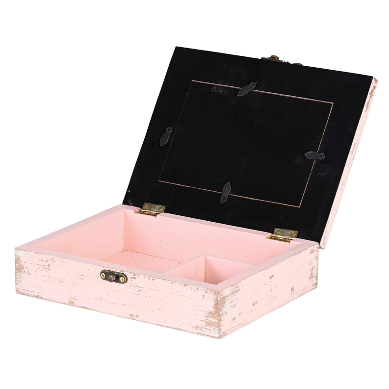 Pink wooden music box with open lid and black interior panel