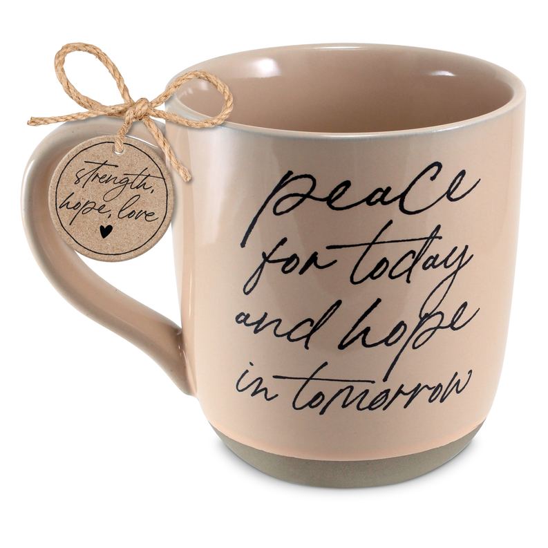 Peach-beige ceramic coffee mug reading "peace for today" with a tied paper tag