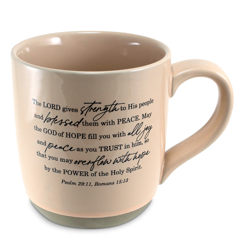 Peach-beige ceramic coffee mug with peace-themed quote text on the front