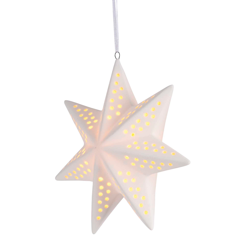 Porcelain LED star ornament with warm yellow dot lights, hanging cord loop