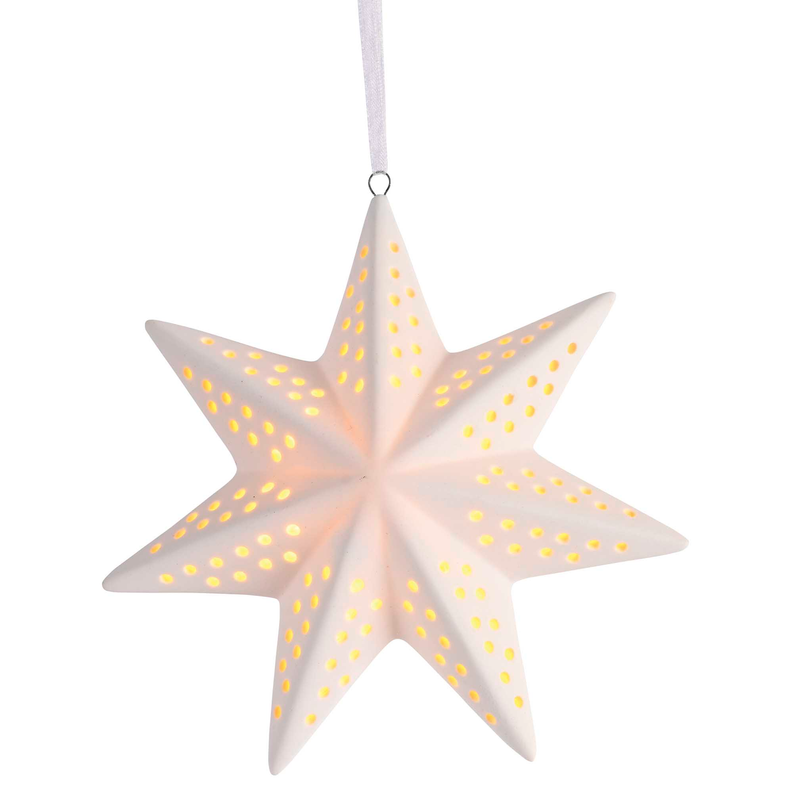 Porcelain LED star ornament, warm yellow light dots, with hanging loop and cord