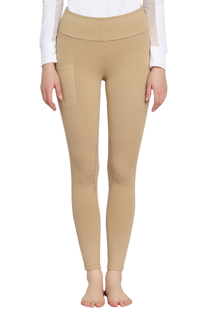 TuffRider ladies bootie tights with pocket, tan back view with pocket seams