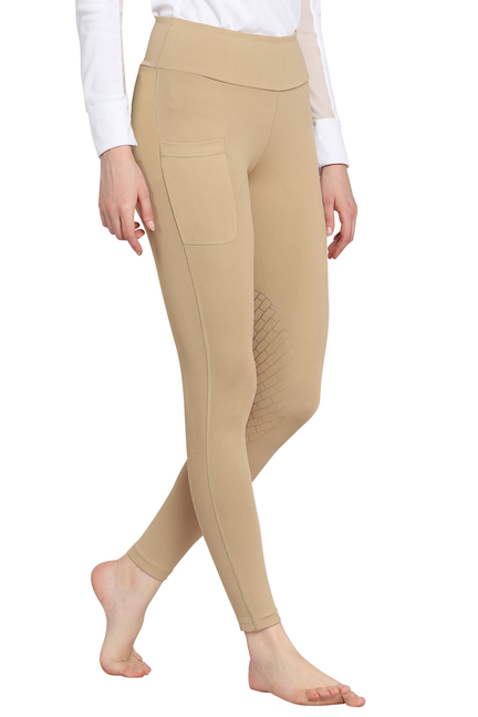 TuffRider ladies bootie tights with pocket, tan side view with textured ankle panel