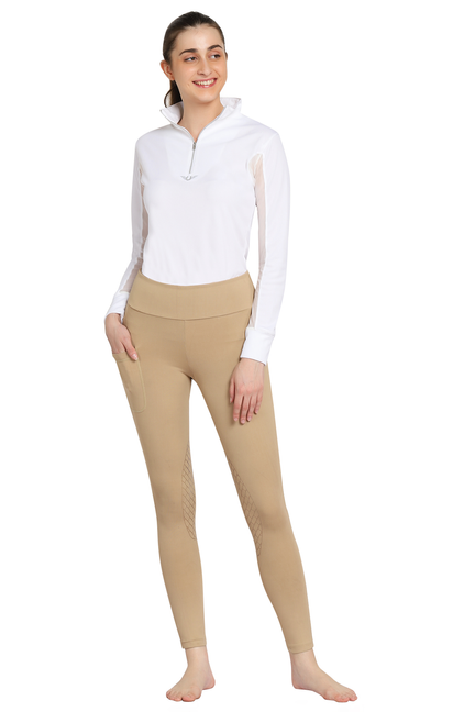 Ladies bootie tights with pocket, tan leggings with bootie-style textured lower legs