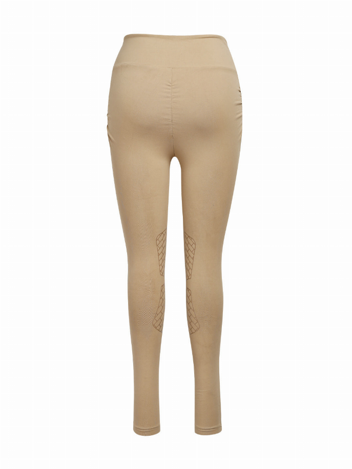 Ladies bootie tights with pocket, tan full-length leggings with textured bootie panels
