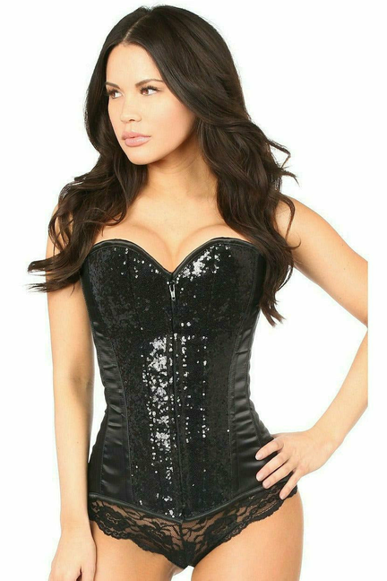 Black sequin corset with sweetheart neckline and lace waist trim, side pose
