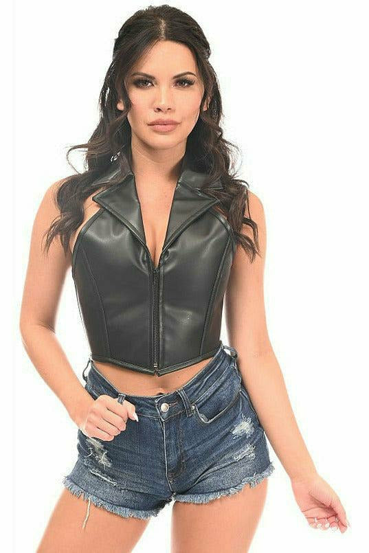 Dark faux leather collared bustier top with front zip and structured boning seams