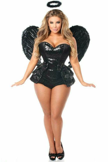 Black sequin corset-style romper with feather wings, heart neckline, and black heels