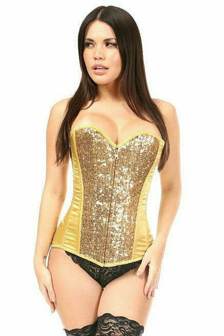 Gold sequin sweetheart corset with boned panels and thin straps