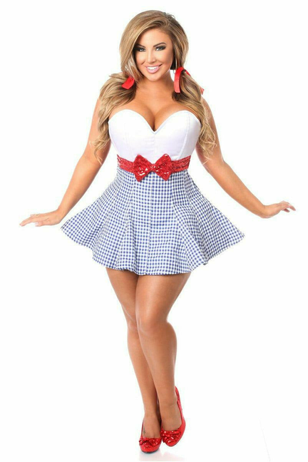 Front corset dress: white sweetheart neckline, red waist bow, blue gingham flare skirt