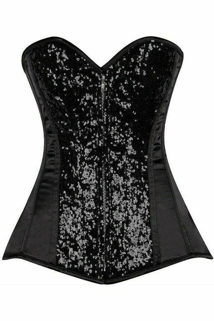 Black sequin corset with sweetheart top and flared hem, vertical zipper detail