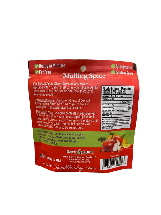 Davis & Davis mulling spice pouch back panel with nutrition facts and serving directions