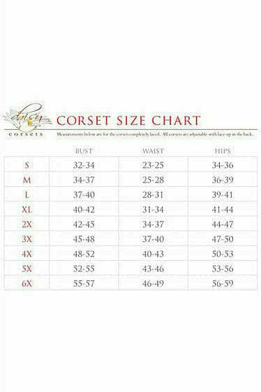 Corset size chart with bust, waist, and hip measurements
