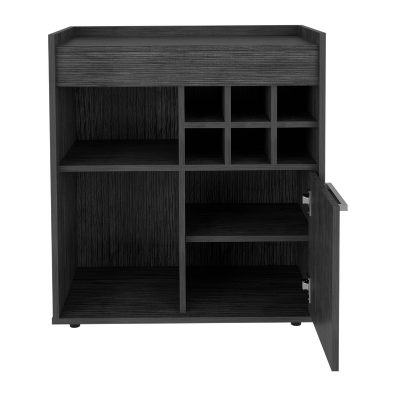Open dark wood bar cabinet with interior shelves and swing door, side view with hardware
