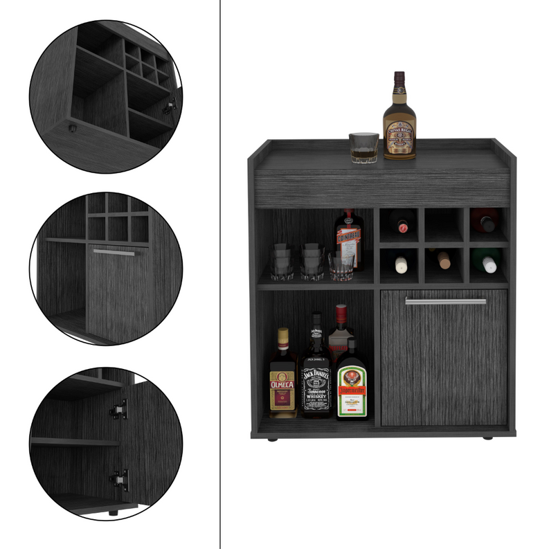 Dark bar cabinet with multiple compartments, glass cubbies, and side handle; detail views