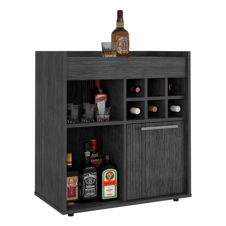 Dark bar cabinet with top open bar, bottle storage, glassware cubbies, and lower door