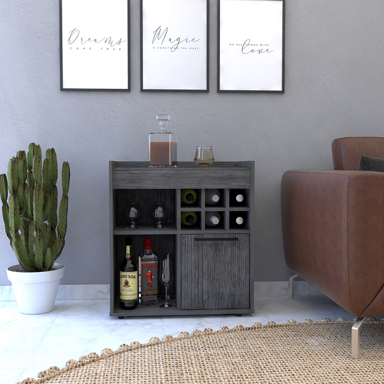 Dark wood bar cabinet with open shelving and lower door, styled with bottles and glasses
