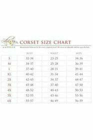 Corset size chart with bust, waist, and hip measurements by size.