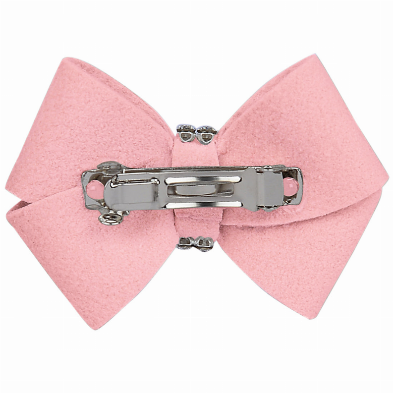 Pink felt hair bow with silver-tone clip and rhinestone accents
