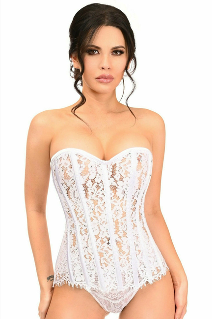 White lace corset with sweetheart neckline and scalloped hem, front boning