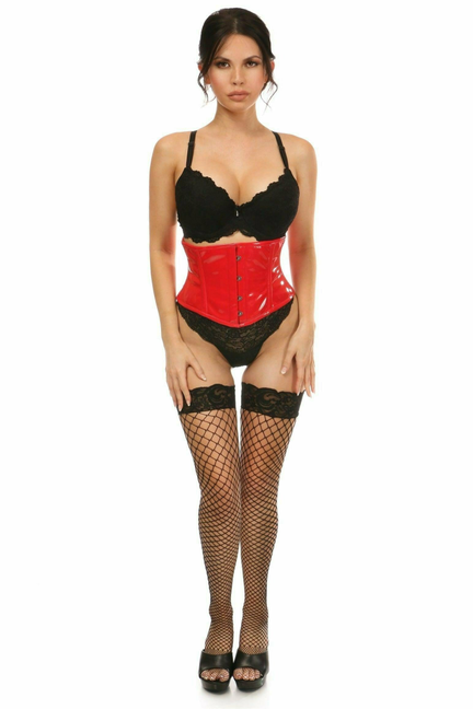 Red patent mini cincher with black lace cups, hook-front corset and garter straps