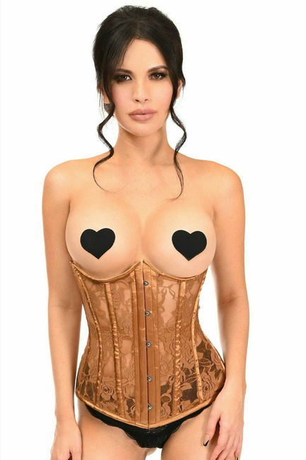 Caramel sheer lace underwire open-cup corset, front lace-up with heart bust cups