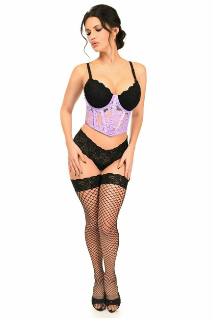 Lavender sheer lace underwire waist cincher corset with black lace brief panels