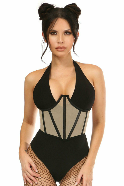 Black open-cup waist cincher with mesh panels and fishnet leg sections