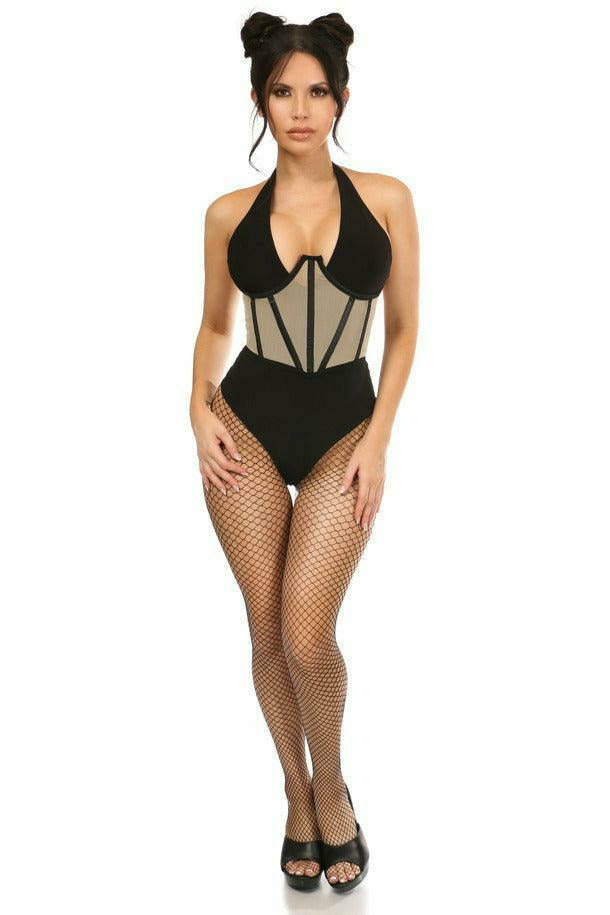 Black open-cup waist cincher with mesh waist panels and fishnet tights, front view