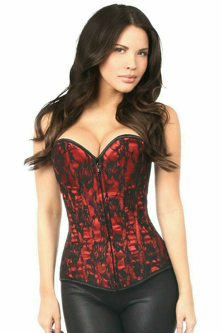 Red lace corset with sweetheart neckline, black trim, and front zipper