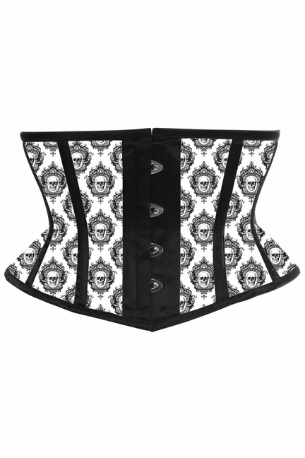 Black satin mini cincher corset with skull print panels and front hook closures