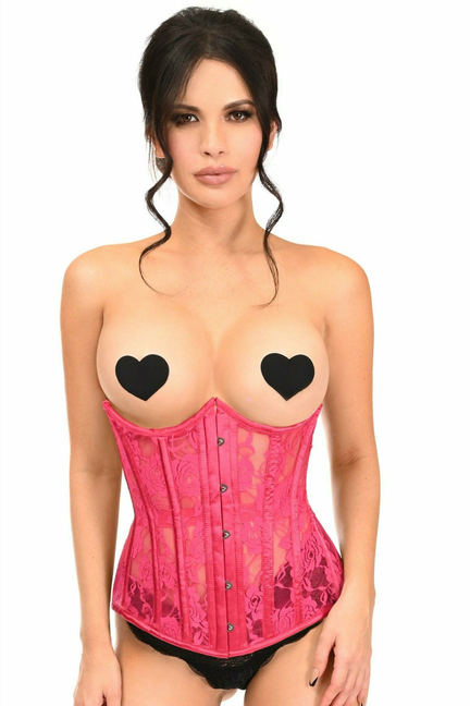 Fuchsia sheer lace underbust corset with open cups, black heart cutouts