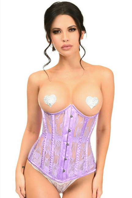 Lavender sheer corset with underwire open cups, heart appliques, and front boning